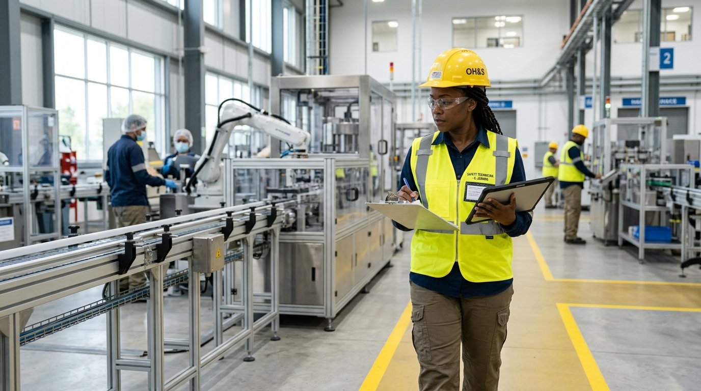 Profesional técnica realizando inspección de seguridad e higiene laboral en establecimiento industrial